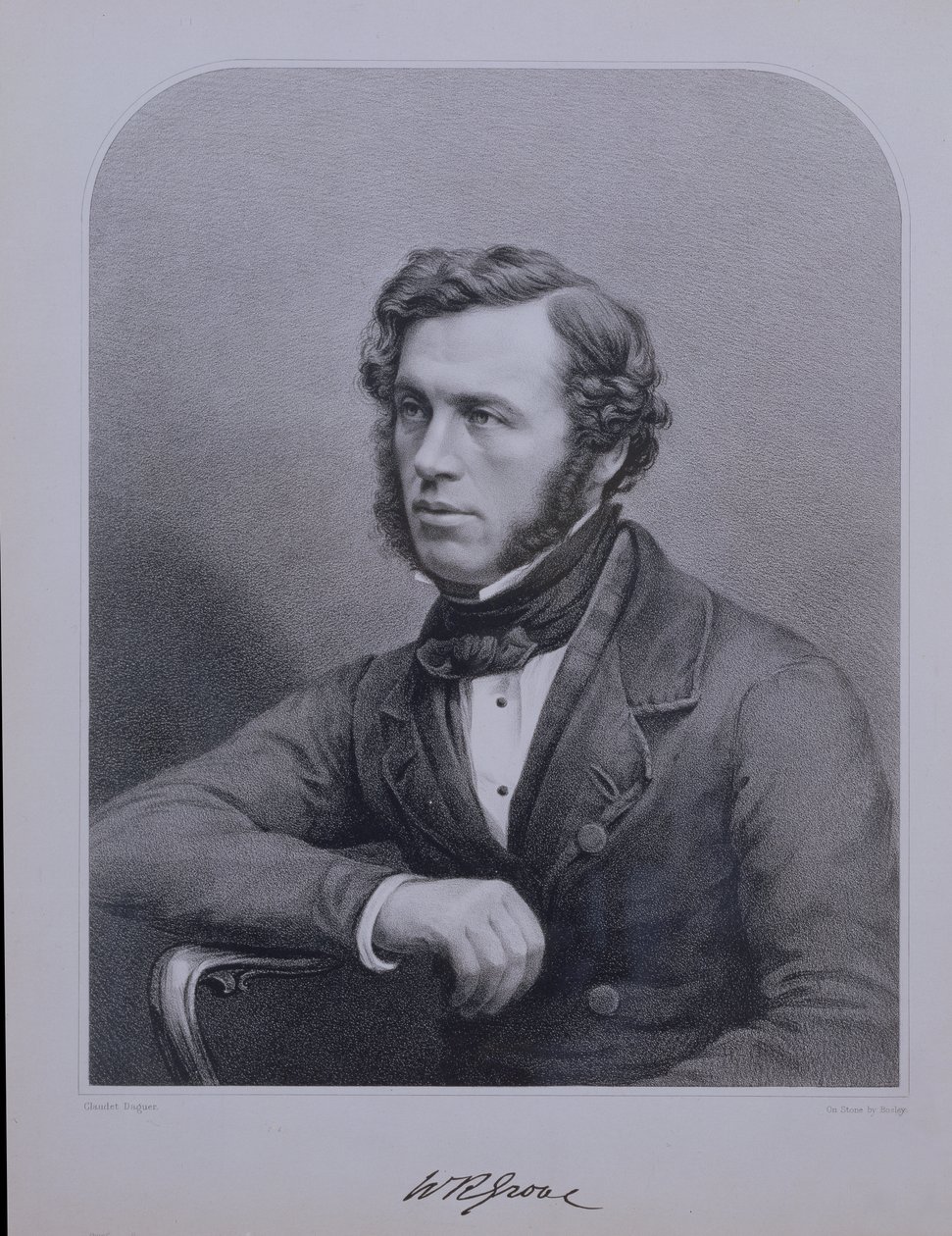 Portrét sira Williama Grovea (1811-96) vyrytý Bosleym od Claudet Daguer