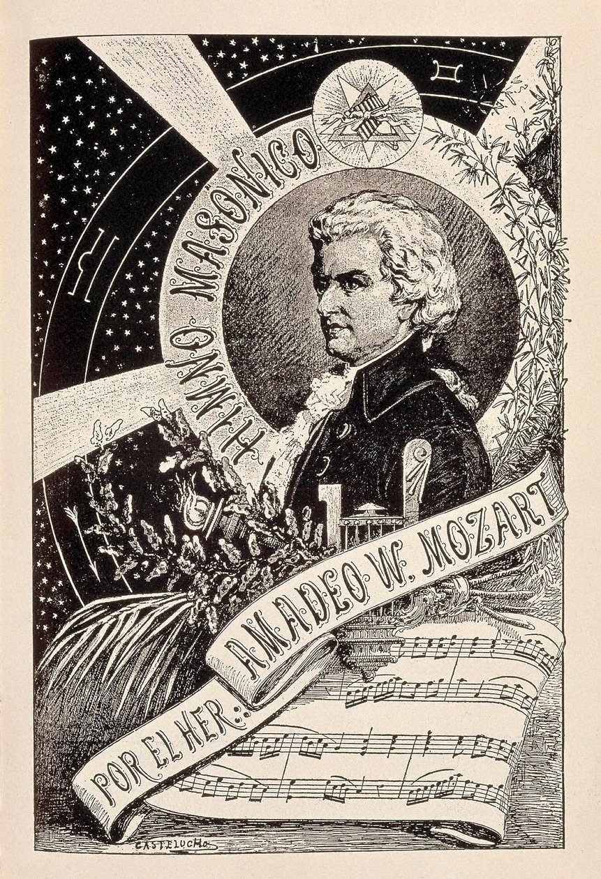 Reprezentace rakouského skladatele Wolfganga Amadea Mozarta (1756-1791), člena svobodného zednáře spojeného s Encyklopedickým slovníkem svobodného zednářství, konec 19. - začátek 20. století (rytina) od Claudio Castelucho