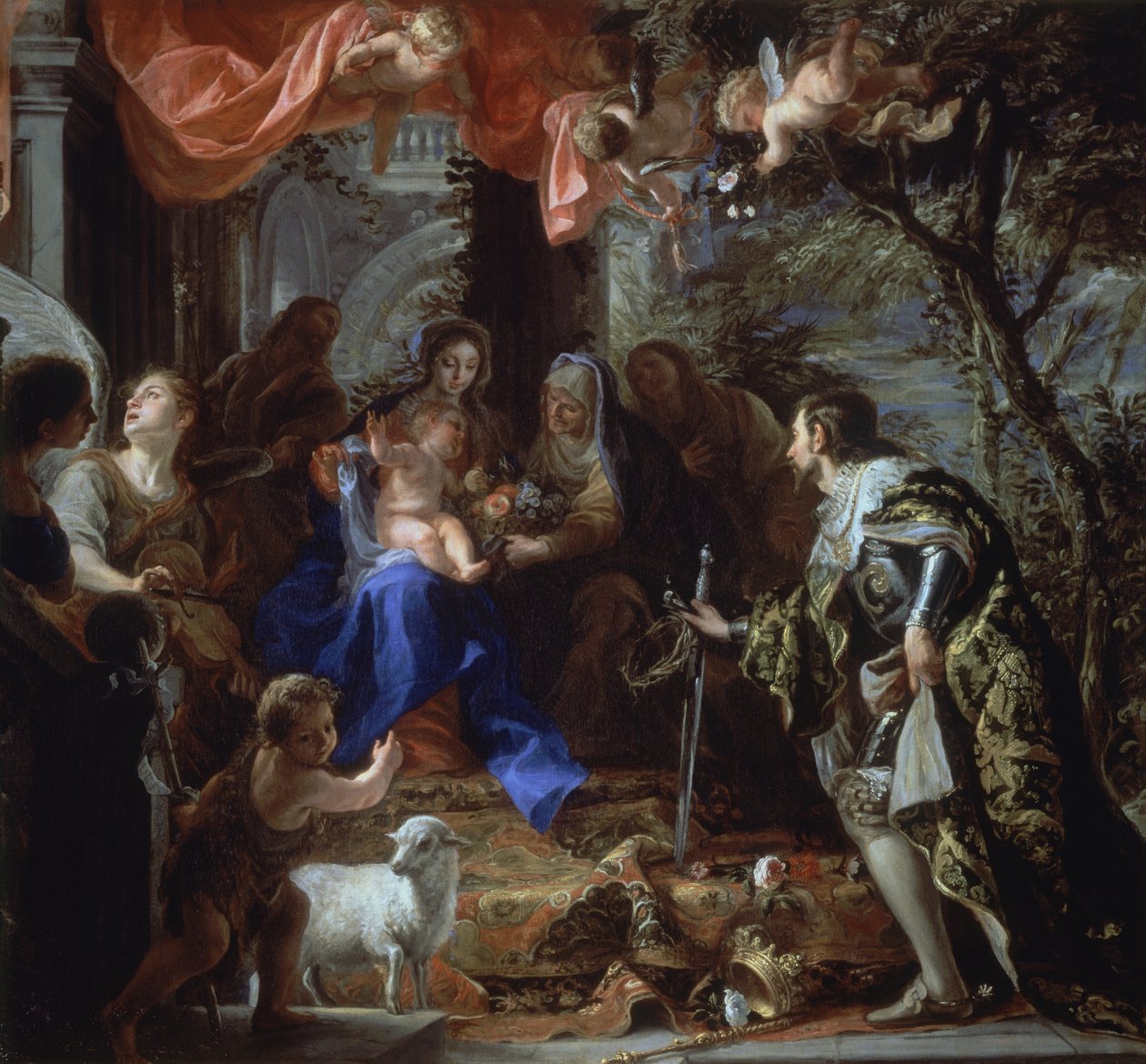 Panna s dítětem uctívaná svatým Ludvíkem, králem Francie, kolem roku 1665 (olej na plátně) od Claudio Coello