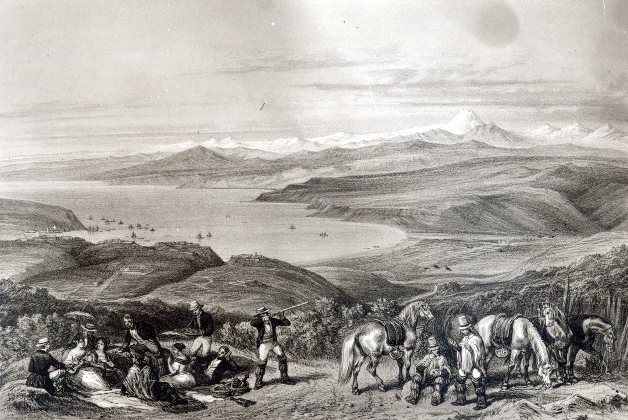 Vzdálený pohled na sopku Aconcagua, z „Historia de Chile“ vyryté F. Lehnertem od Claudio Gay