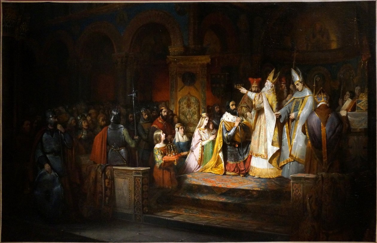 Karel Veliký korunován papežem Adrianem I. v Miláně roku 774 na italského krále. od Claudius Jacquand