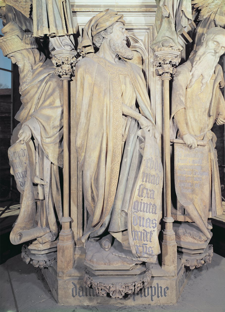 The Well of Moses, detail showing the hexagonal pedestal with figures of Daniel (centre), Zacharias (left) and Isaiah (right) 1395-1404  od Claus and Malouel, Jean Sluter
