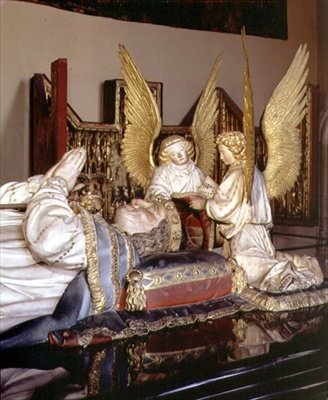 Detail podobizny a dvou andělů z hrobky Filipa Smělého, burgundského vévody (1342-1404), od Jeana de Marville (zemř. 1389), Clause Slutera (zemř. 1405/6) a Clause de Werve (asi 1380-1439), na objednávku kláštera Champmol. od Claus and Marville Jean de Sluter