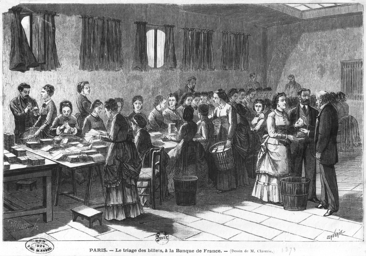 Třídění bankovek na pařížské bance Francie, vyryl F. Mollet (19. století) 1897 od Claverie