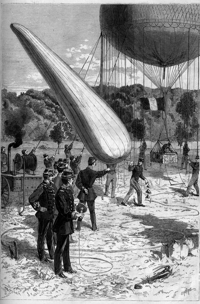 Vojenské aerostaty: telefonické zkušenosti při založení Meudonu. Rytina od Claverie v „“ Le Monde Illustré““ č. 1331 z 30. září od Claverie