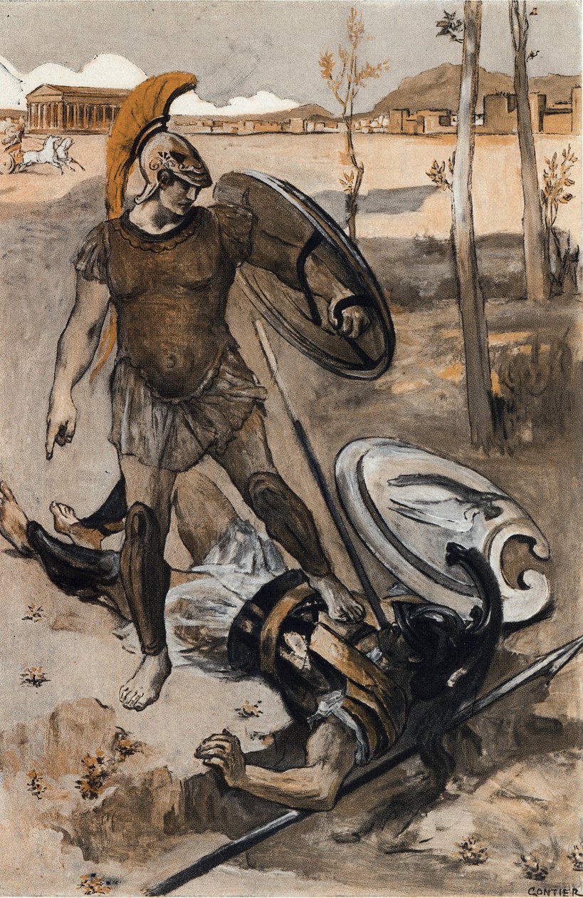 Hectorova smrt: Hectora zabil Achilles. Ilustrace Clementa Gontiera (1876-1918) pro Homerovu „Iliadu“ (Omero). Paříž, Henri Laurens od Clement Gontier