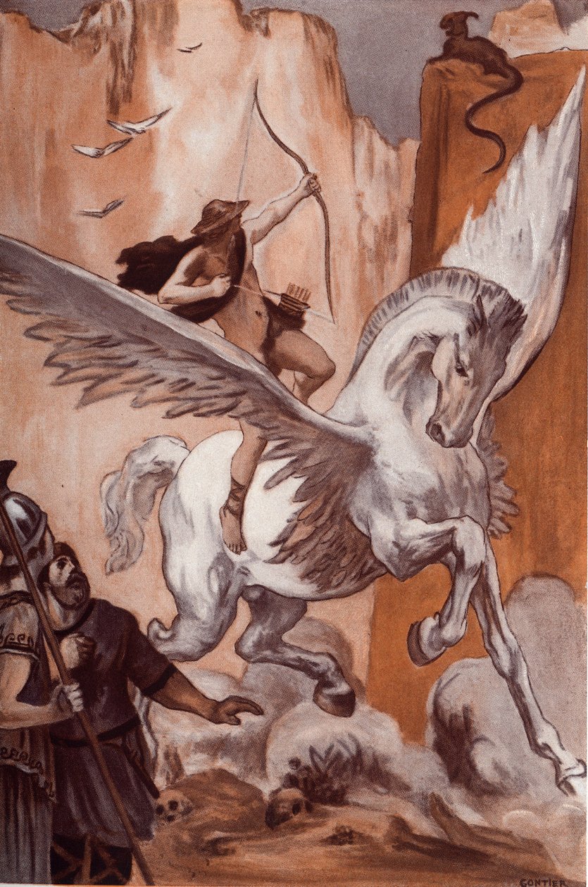 Historie Bellerophona: Bellerophon na svém koni Pegase zabíjí Chimere. Ilustrace Clementa Gontiera (1876-1918) pro Homerovu „Iliadu“ (Omero). Paříž, Henri Laurens od Clement Gontier