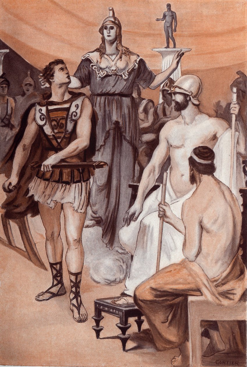 Querelle Achilla a Agamemnona: Minerva sestupující z nebe se přiblížila za Achilleem a popadla ho za vlasy, aby mu zabránila vytasit meč proti Agamemnonovi. Ilustrace Clementa Gontiera (1876-1918) pro Homerovu „Iliadu“ (Omer od Clement Gontier