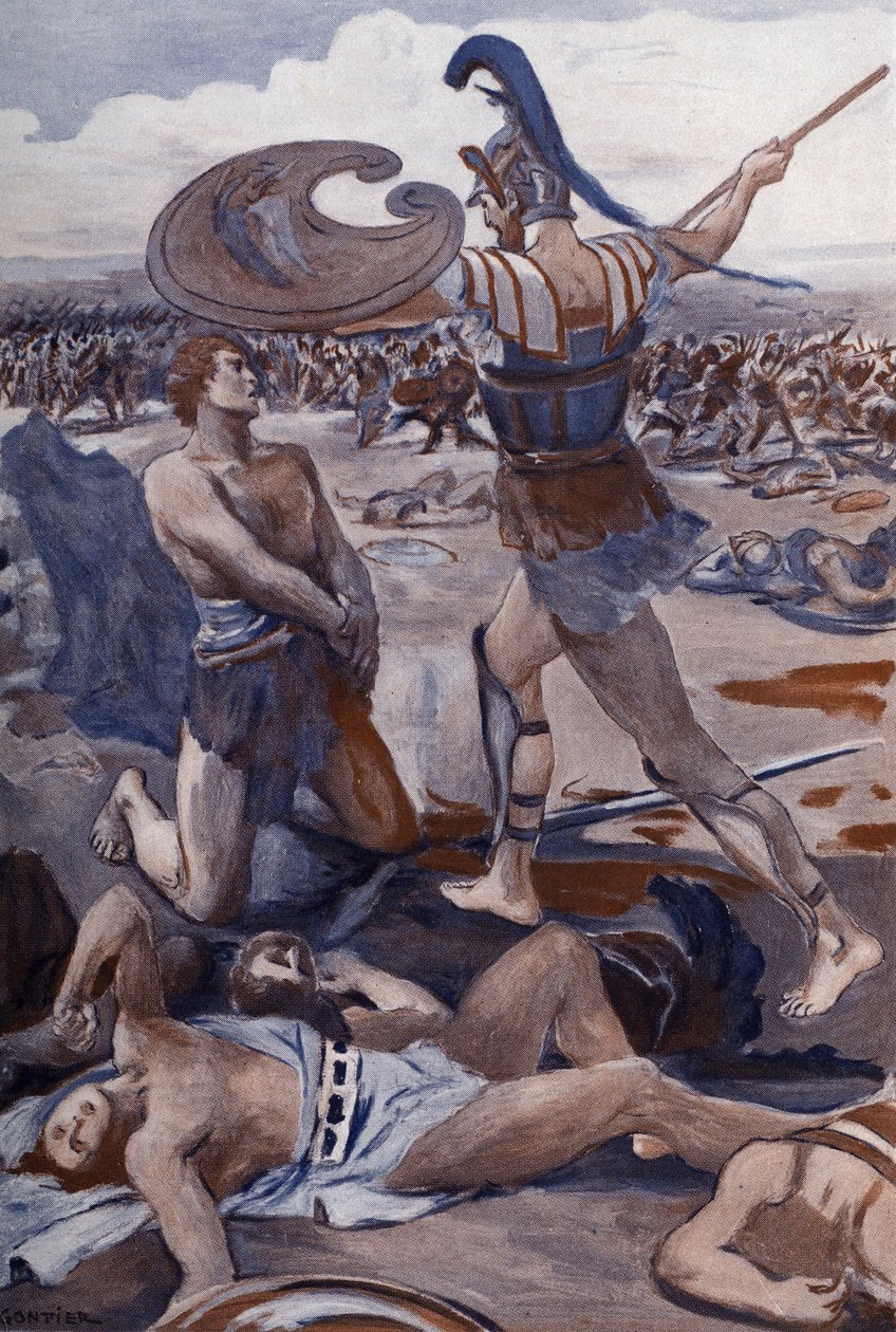 Smrt Patroklesa: Hector Patroklesa zabíjí. Ilustrace Clementa Gontiera (1876-1918) pro Homerovu „Iliadu“ (Omero). Paříž, Henri Laurens od Clement Gontier
