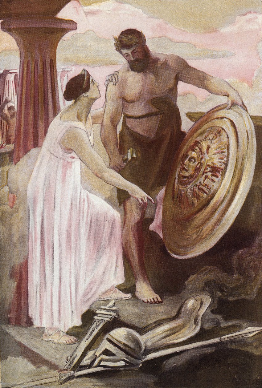 Achilleův štít vytvořený Vulkánem. Ilustrace Clementa Gontiera (1876-1918) pro Homerovu „Iliadu“ (Omero). Paříž, Henri Laurens od Clement Gontier