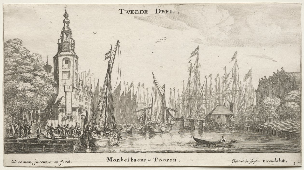 Různé lodě a pohledy na Amsterdam (Verscheÿde Schepen en Gesichten van Amstelredam), část II: Kanál poblíž Amsterdamu a věž Monkel od Clement de Jonghe