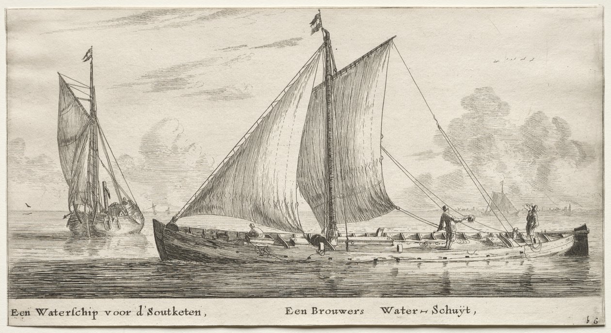 Různé lodě a pohledy na Amsterdam (Verscheÿde Schepen en Gesichten van Amstelredam), část II: Vodní loď směřující do Soutketen. Loď Brewer