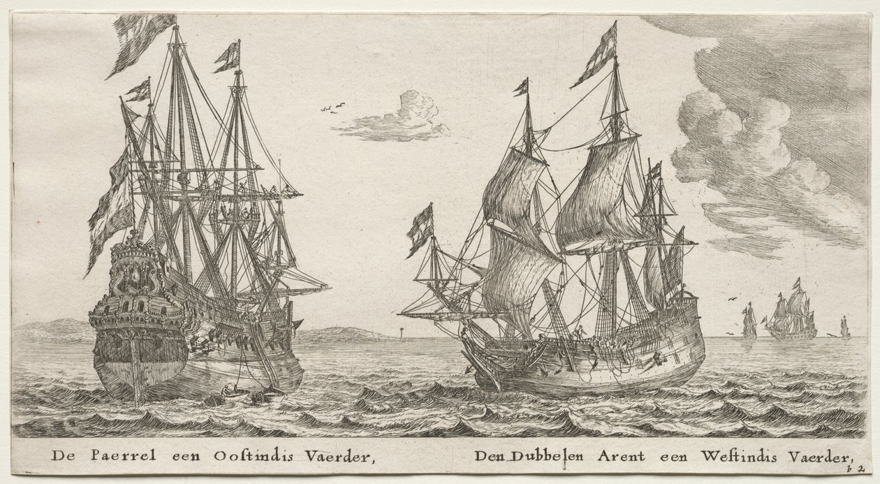 Různé lodě a pohledy na Amsterdam (Verscheÿde Schepen en Gesichten van Amstelredam), část II: Perla a východní Indián, Dvojitý orel, západoindický od Clement de Jonghe
