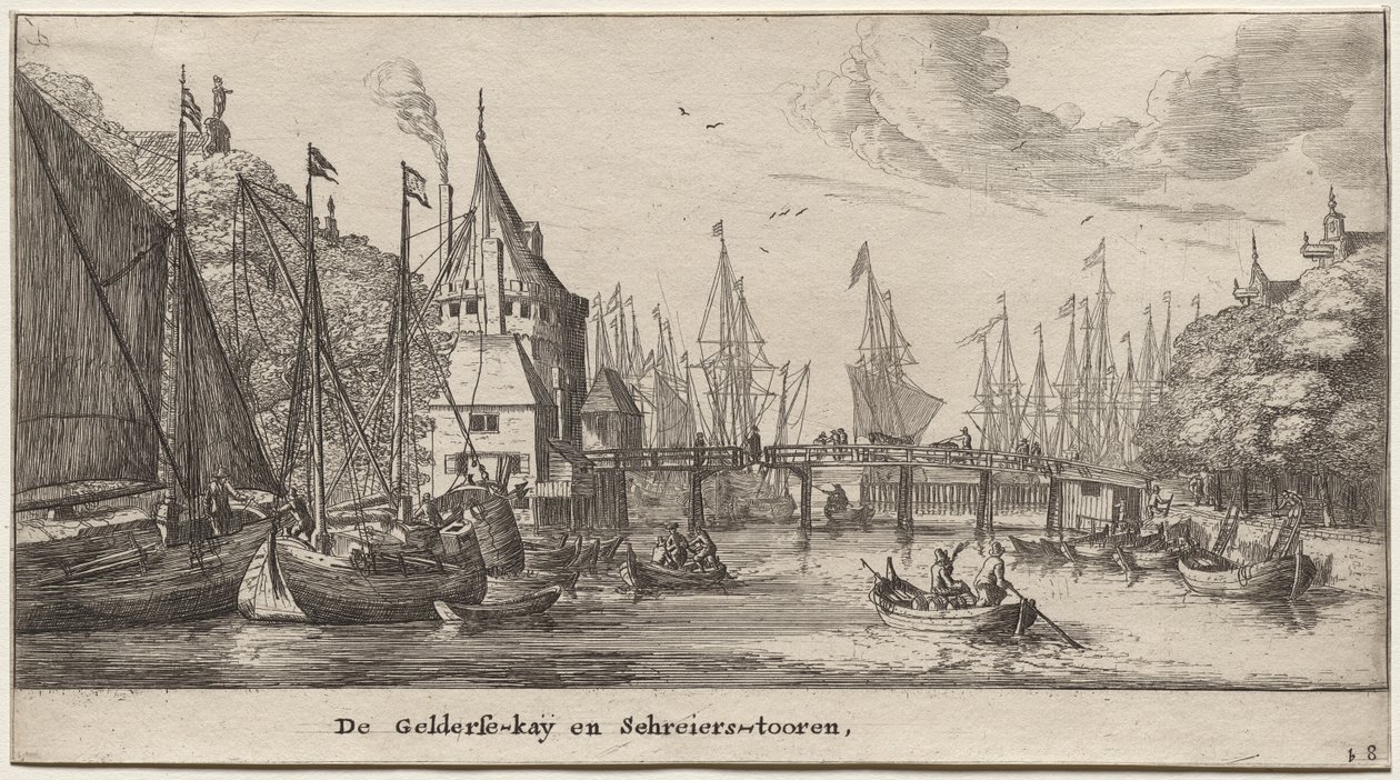 Různé lodě a pohledy na Amsterdam (Verscheÿde Schepen en Gesichten van Amstelredam), část II: Geldersche Quai a Schreiers Tower od Clement de Jonghe