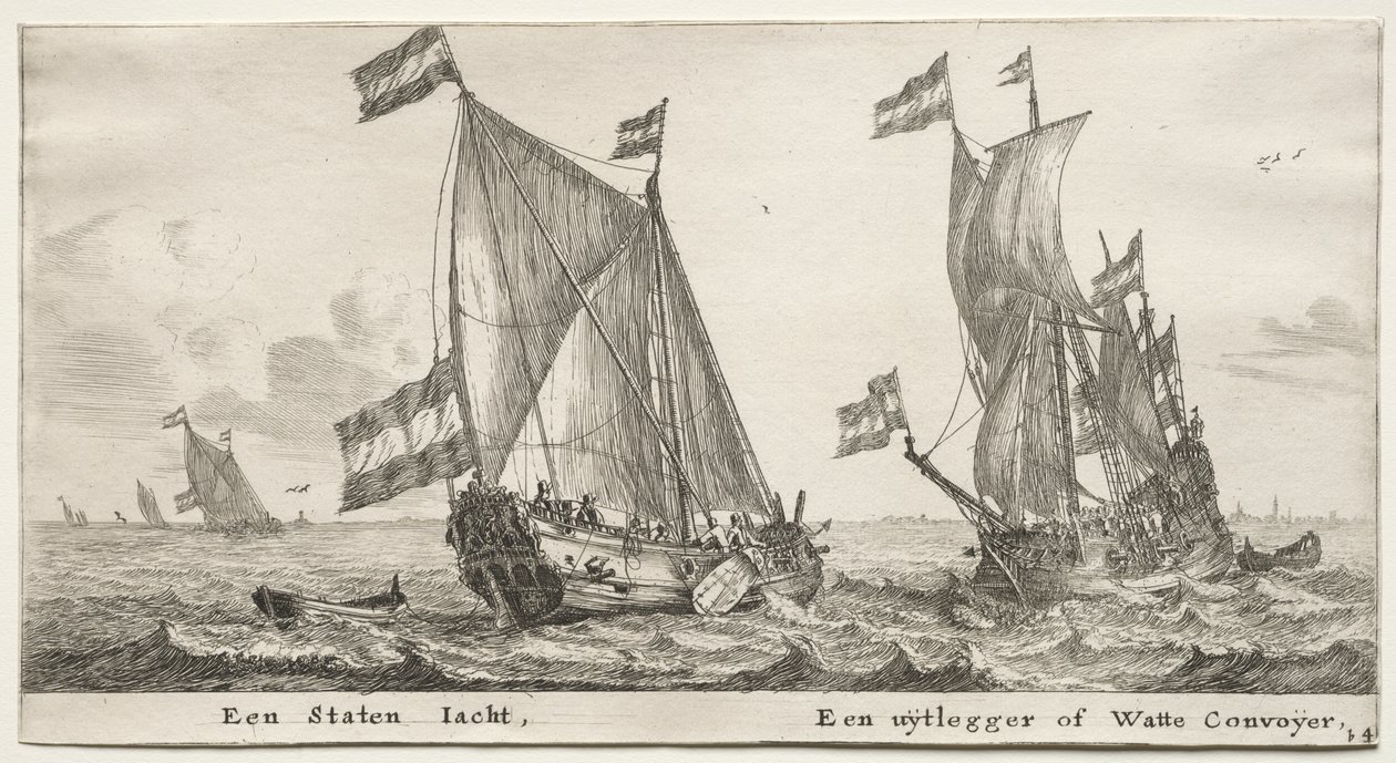 Různé lodě a pohledy na Amsterdam (Verscheÿde Schepen en Gesichten van Amstelredam), část II: Jachta holandské admirality. Strážní loď od Clement de Jonghe
