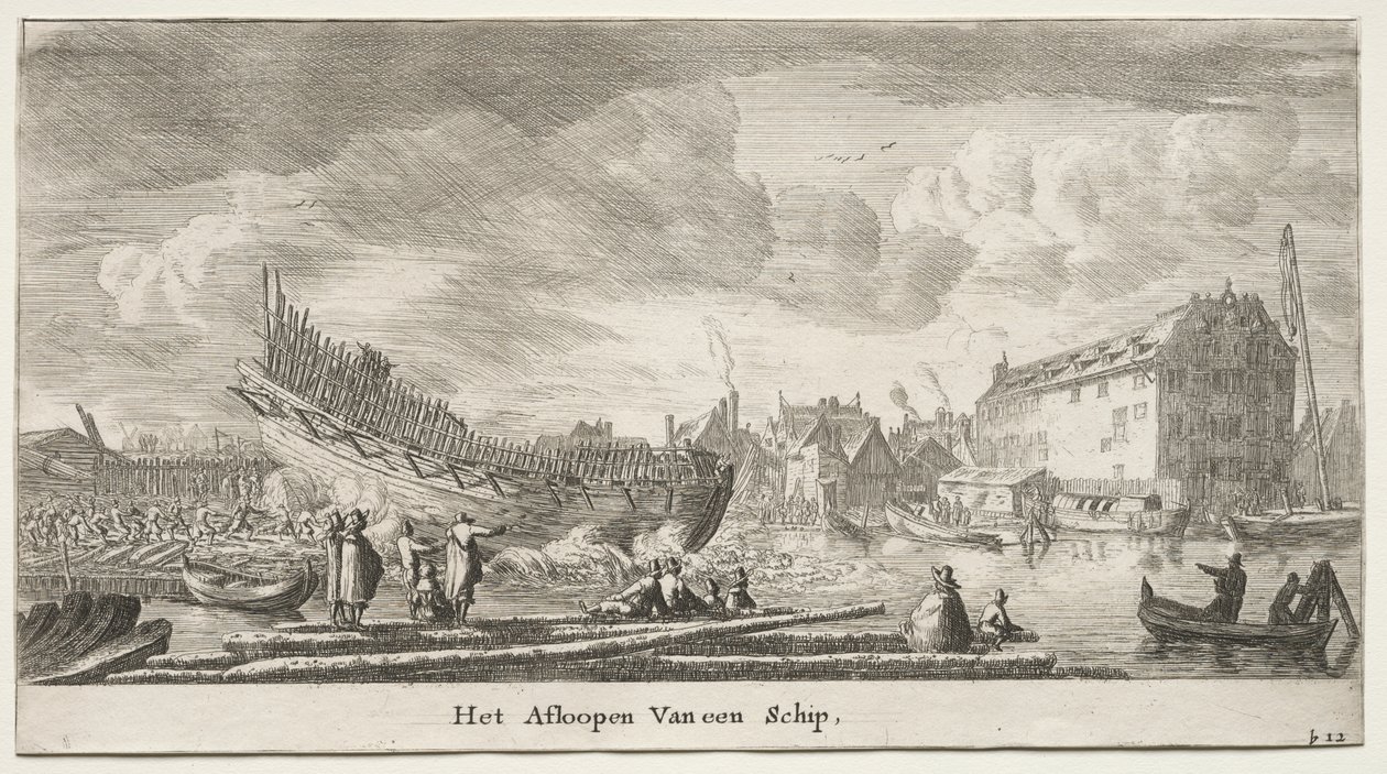 Různé lodě a pohledy na Amsterdam (Verscheÿde Schepen en Gesichten van Amstelredam), část II: Spuštění lodi od Clement de Jonghe