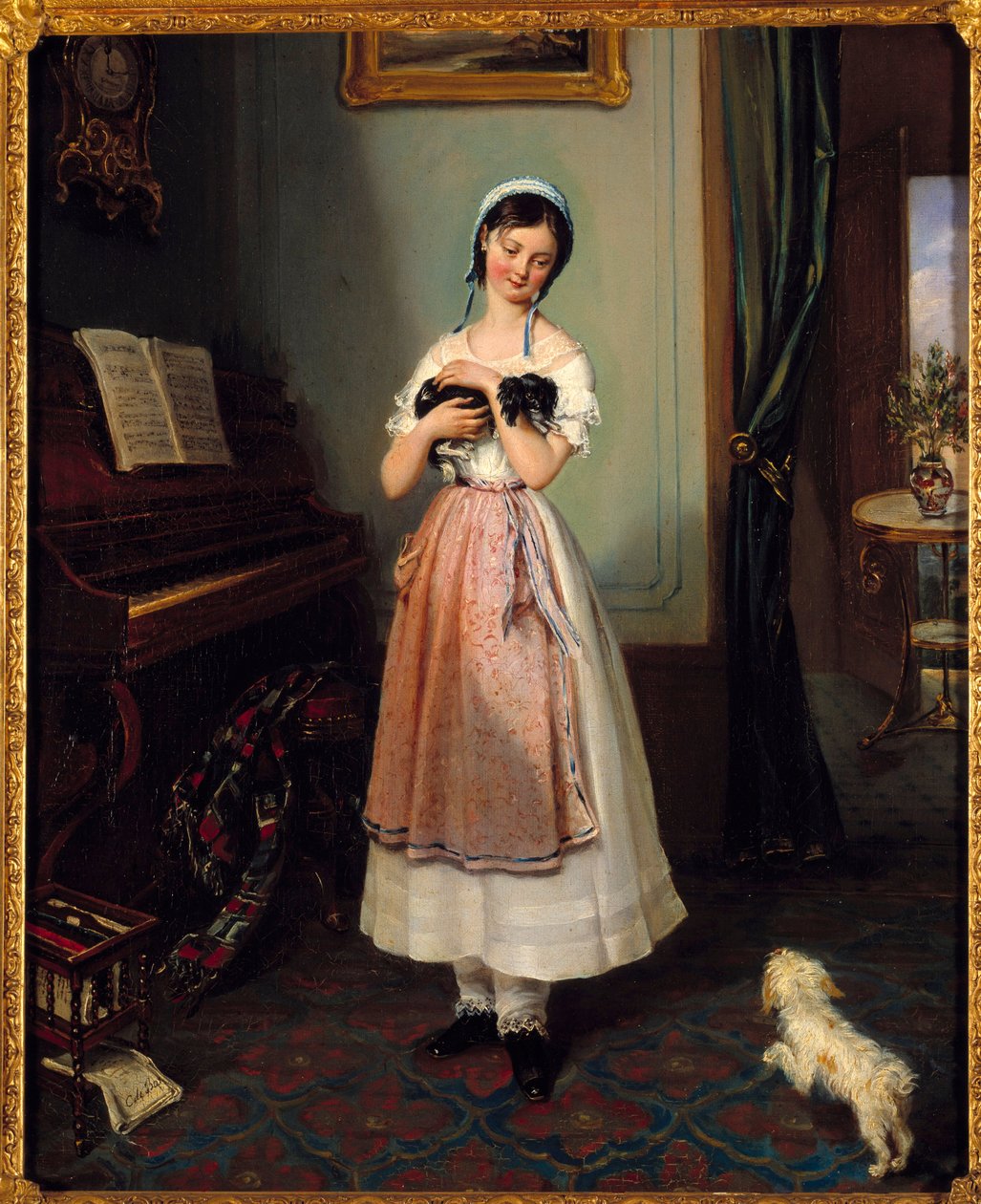 Mladá dívka v buržoazním interiéru se dvěma psy. Obraz Clementine de Bar (1807-1856) Paříž 19. století, Galerie Garoche od Clementine de Bar