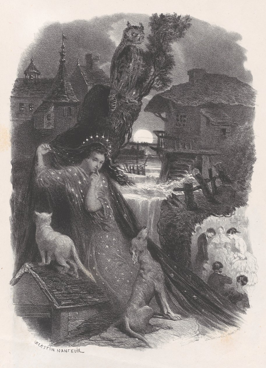 Noc, viněta dívky v kostýmu z 18. století trhající růže na rubu, ca. 1830-65. od Célestin Nanteuil