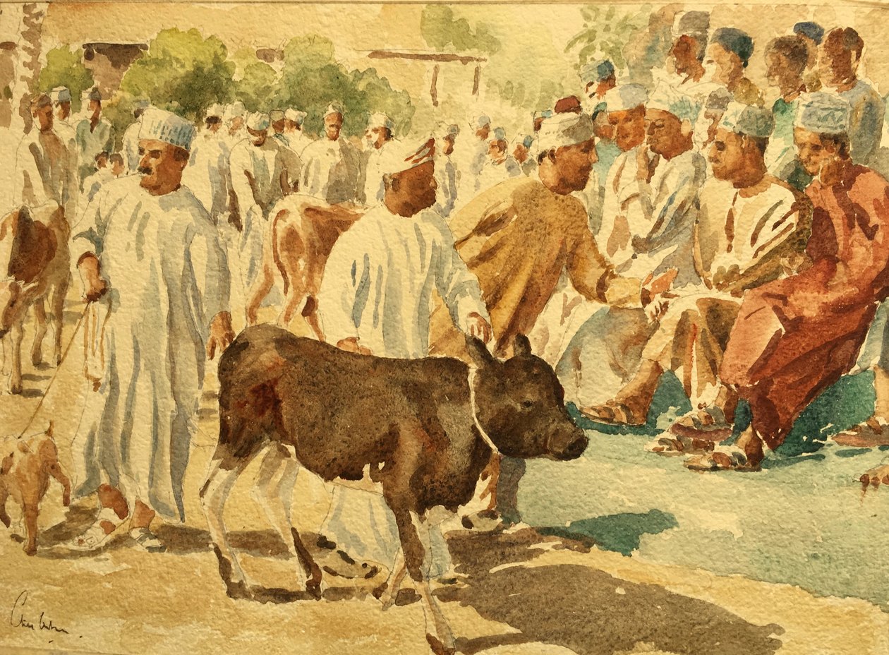 Trh s dobytkem, Nizwa, Omán (1), 2018 (akvarel) od Clive Wilson