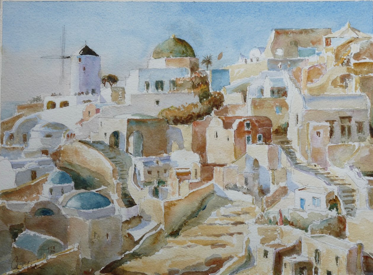 Santorini Oia – pozdní odpolední slunce, 2022 (akvarel) od Clive Wilson
