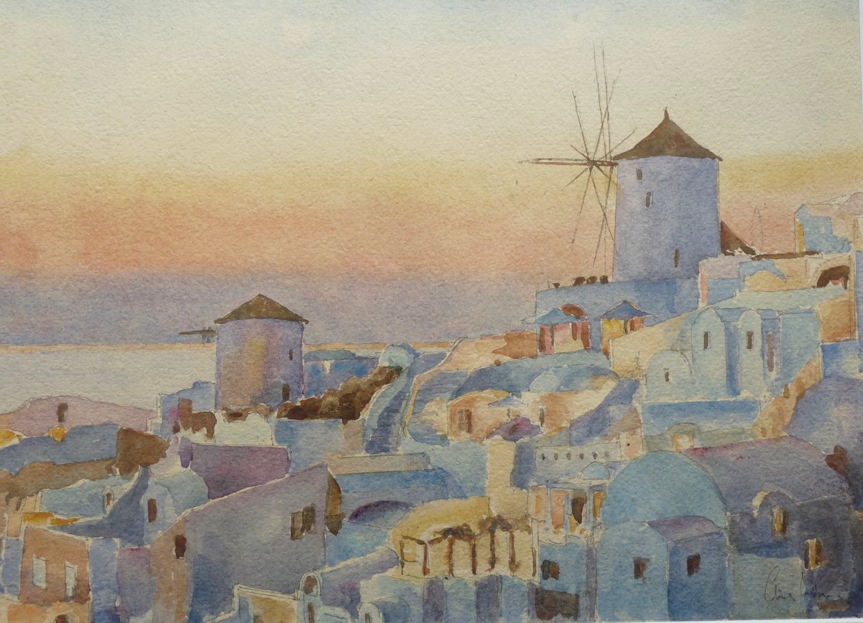 Santorini Oia – Západ slunce, čas rozsvícení, 2019 (akvarel) od Clive Wilson