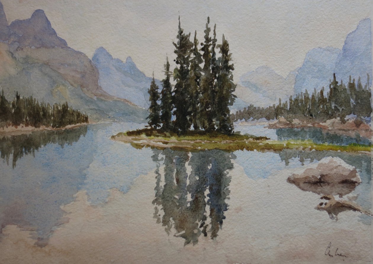 Ostrov duchů, jezero Maligne (1), 2016 (akvarel) od Clive Wilson