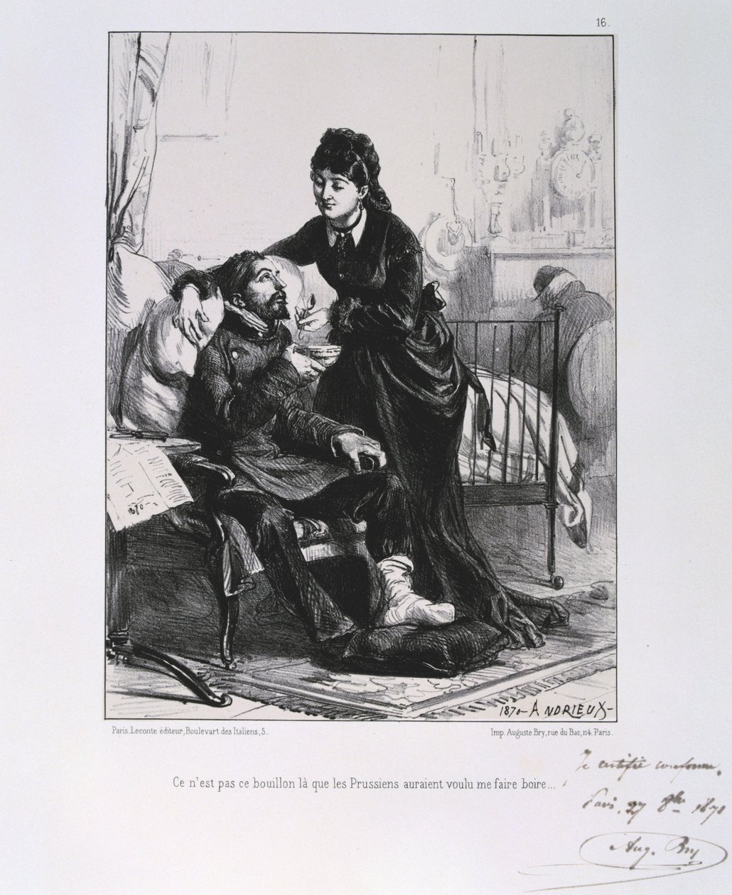 Francouzsko-pruská válka 1870-1871: Zraněný voják je ošetřován a živen. Ze série litografií Clementa Augusta Andrieuxe o Gardes Nationales. od Clément Auguste Andrieux