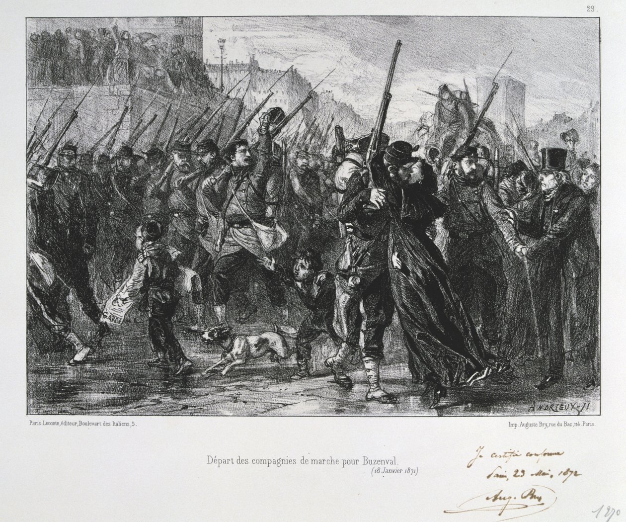 Prusko-francouzská válka 1870-1871: 19. ledna 1871: Bitva u Buzenvalu (hora Valerien) nedaleko Versailles. Národní garda pochodující do bitvy a porážka. Ze série litografií Clementa Augusta Andrieuxe o Gardes Nationales. od Clément Auguste Andrieux