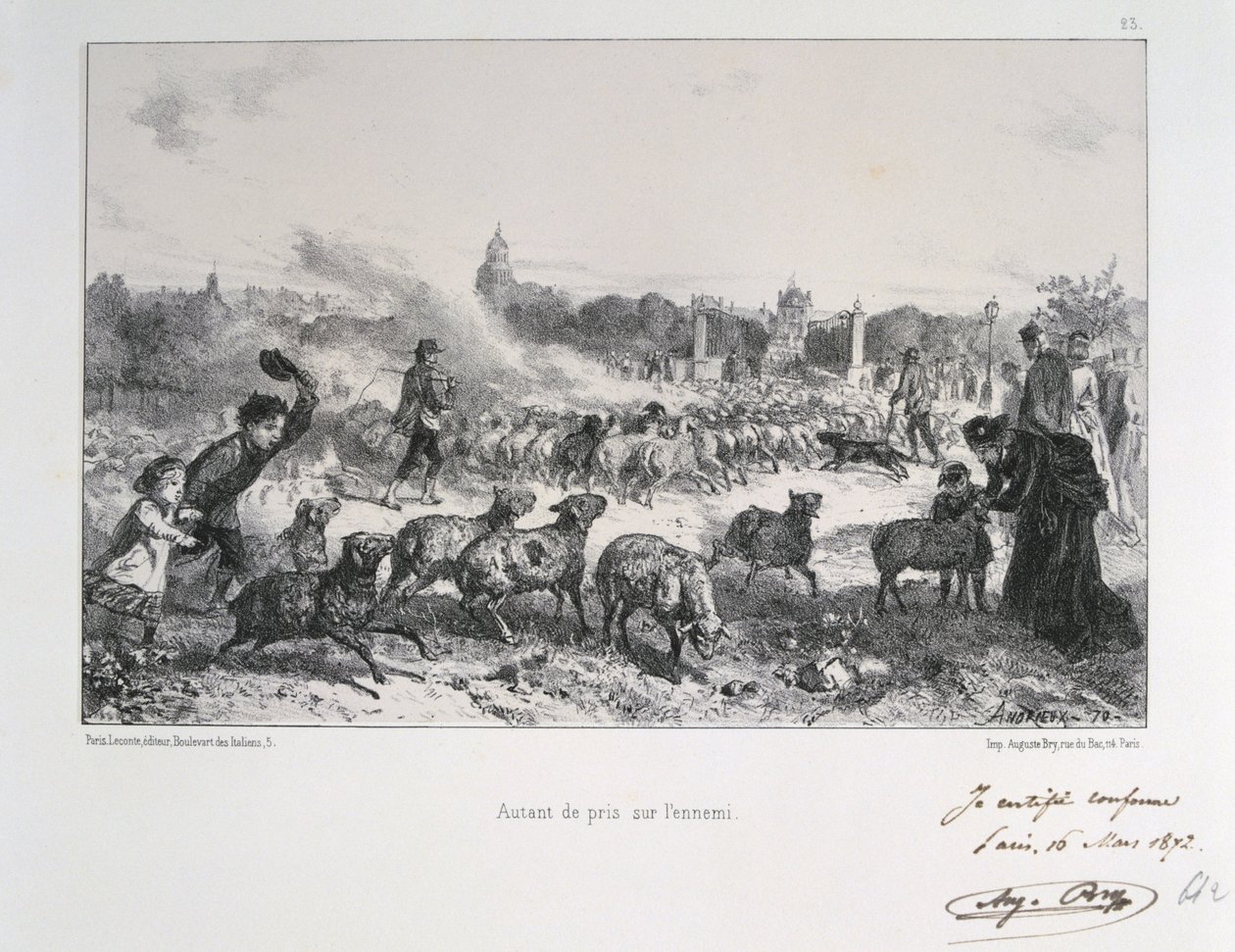 Francouzsko-pruská válka 1870-1871: Odhánění stáda ovcí, aby se zabránilo jejich pádu do rukou Prusů. Ze série litografií Clementa Augusta Andrieuxe o Gardes Nationales. od Clément Auguste Andrieux