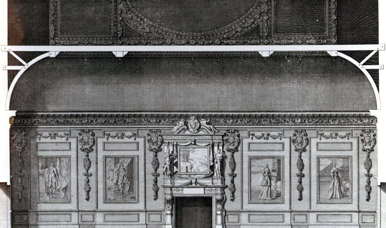 Část Velké jídelny ve Wiltonu, podle návrhu Iniga Jonese, vyryla H. Hulsberghem, publikovaná v „Vitruvius Britannicus“, 1717 od Colen Campbell