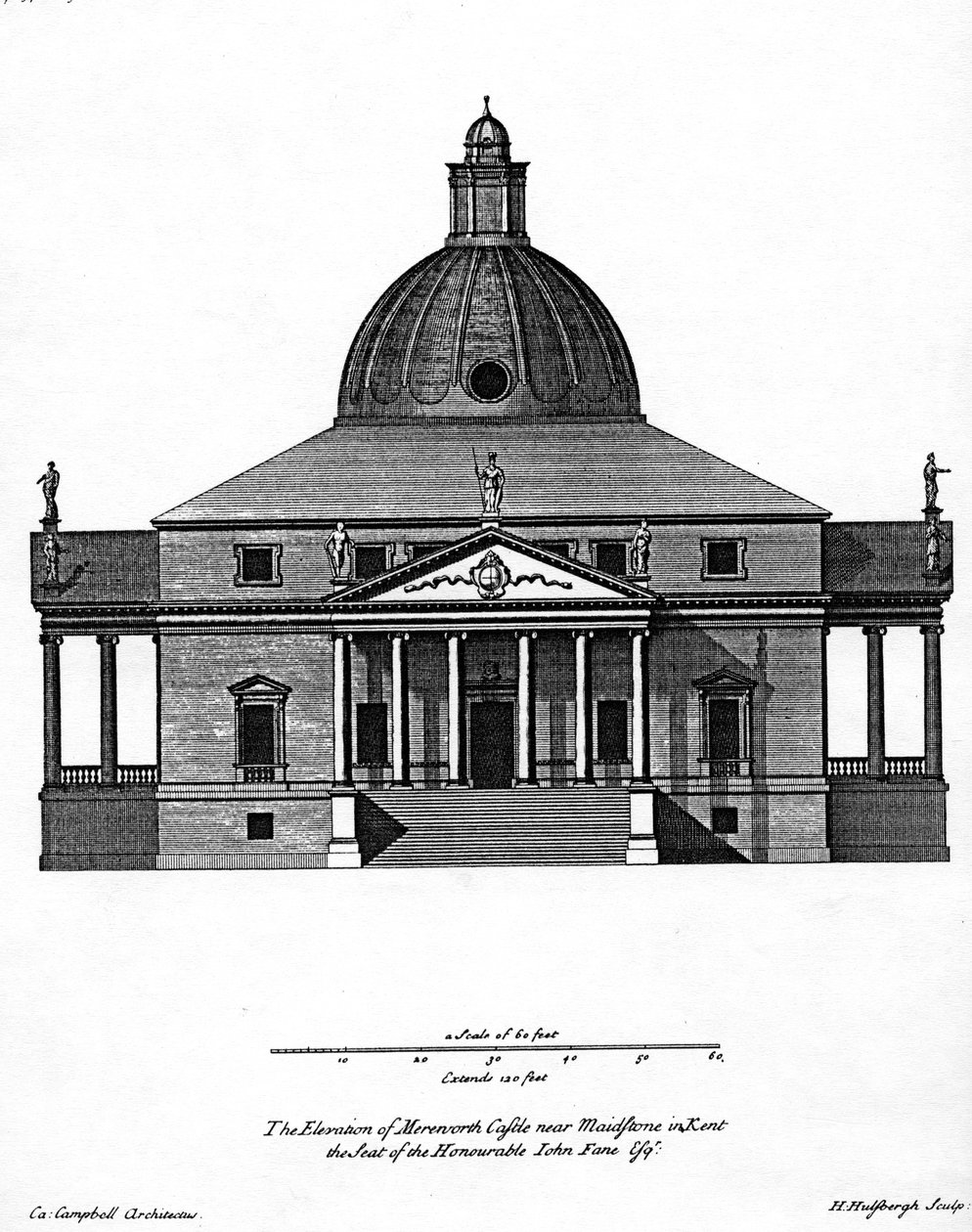 Povýšení hradu Mereworth, vyryto H. Hulsberghem, c.1722-24 od Colen Campbell
