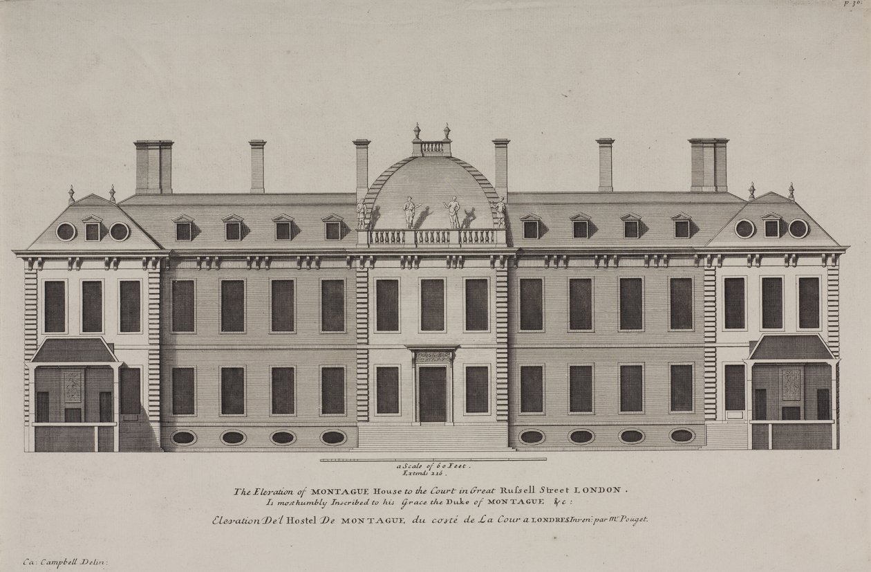 Povýšení Montague House na dvůr Great Russell Street, Holborn, kolem roku 1725 (rytina) od Colen Campbell