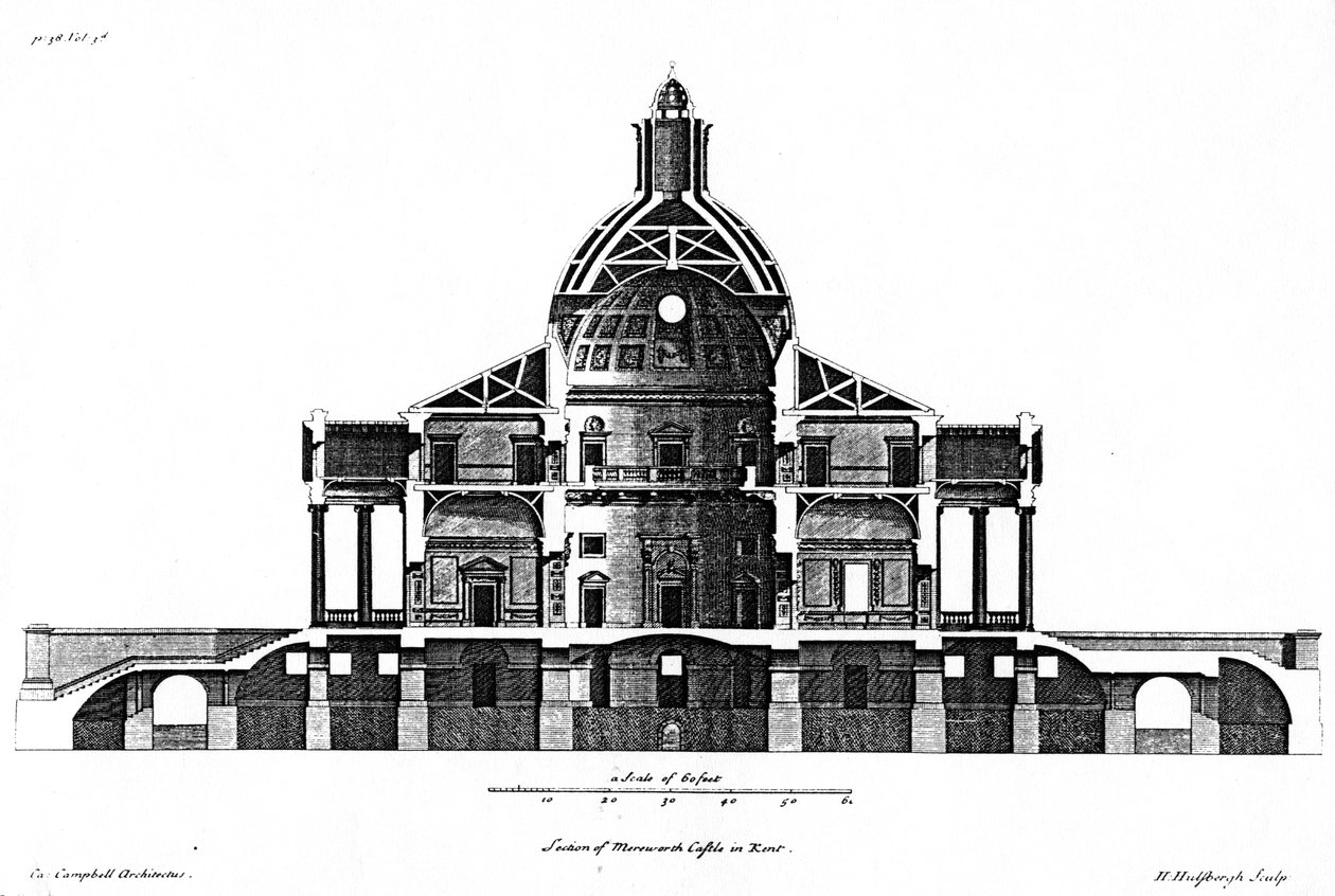 Část hradu Mereworth v Kentu, vyryla H. Hulsbergh, c.1722-24 od Colen Campbell