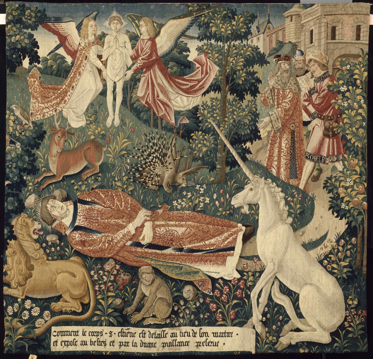 Jednorožec. Od: Oběšení svatého Štěpána. Scéna 8: Tělo mučedníka vystavené šelmám, c. 1500. od Colijn de Coter after