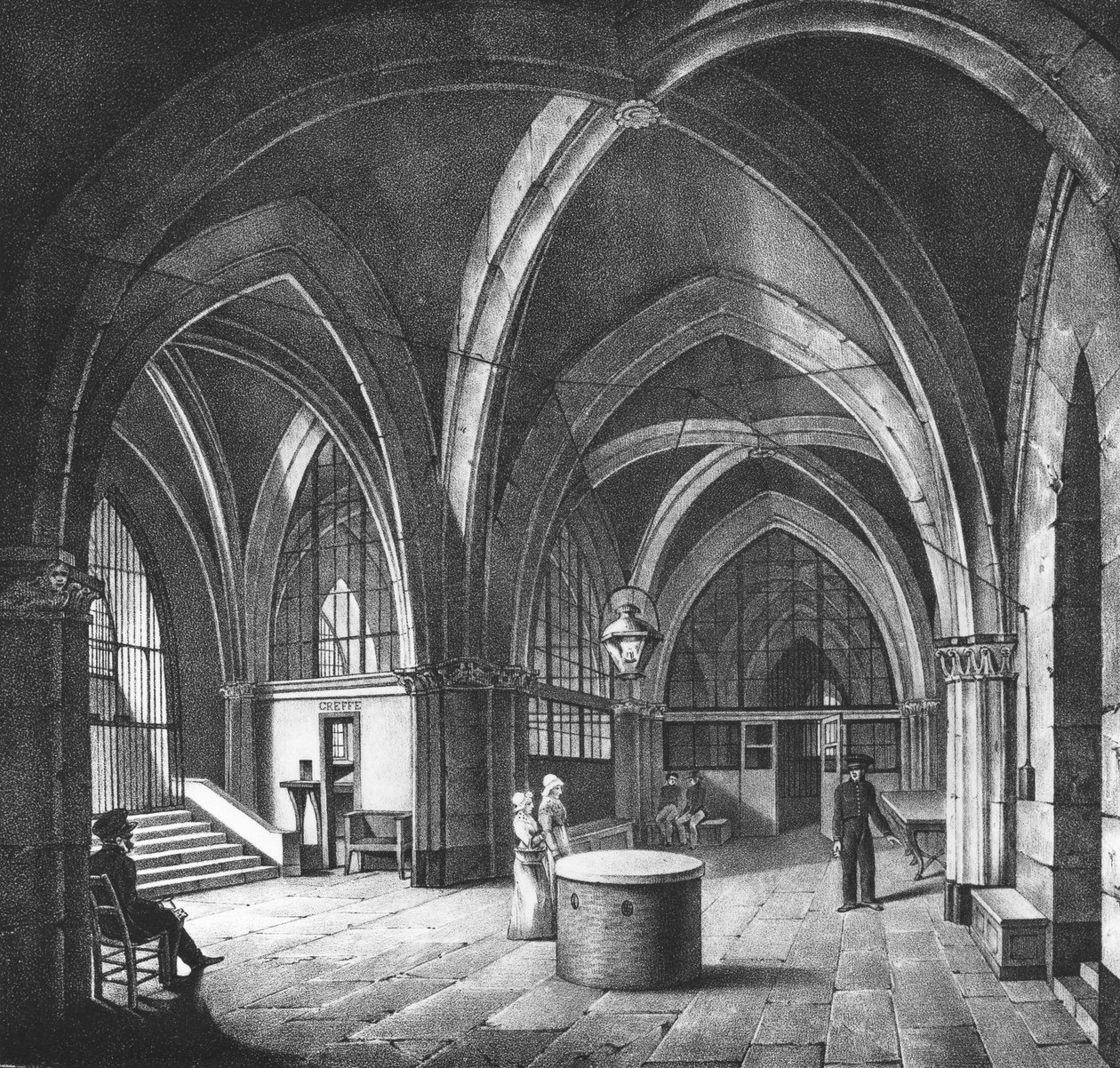 Vnitřní pohled na vstupní místnost ve věznici Conciergerie, vyrytý Alphonsem Urrutym (1800-70) kolem roku 1831 od Collard