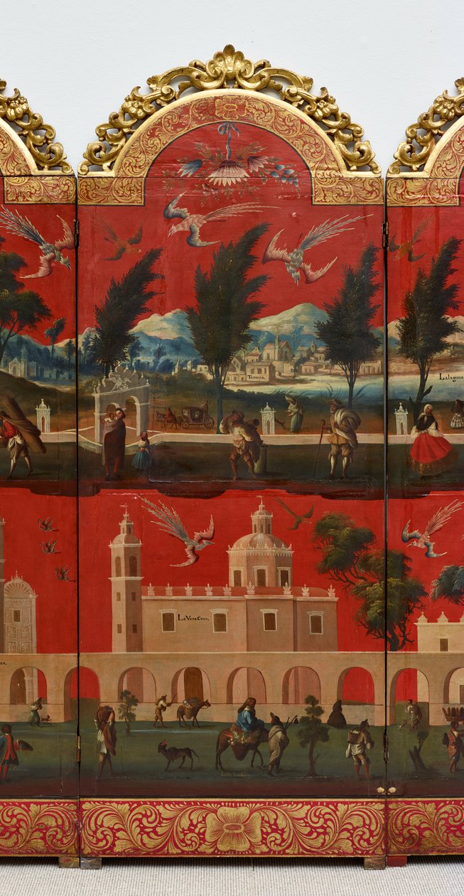 Biombo s pohledy na Mexico City (olej na červeném maki-e laku na desce, zlacené dřevěné pasparty a plátěný podklad) od Colonial Spanish