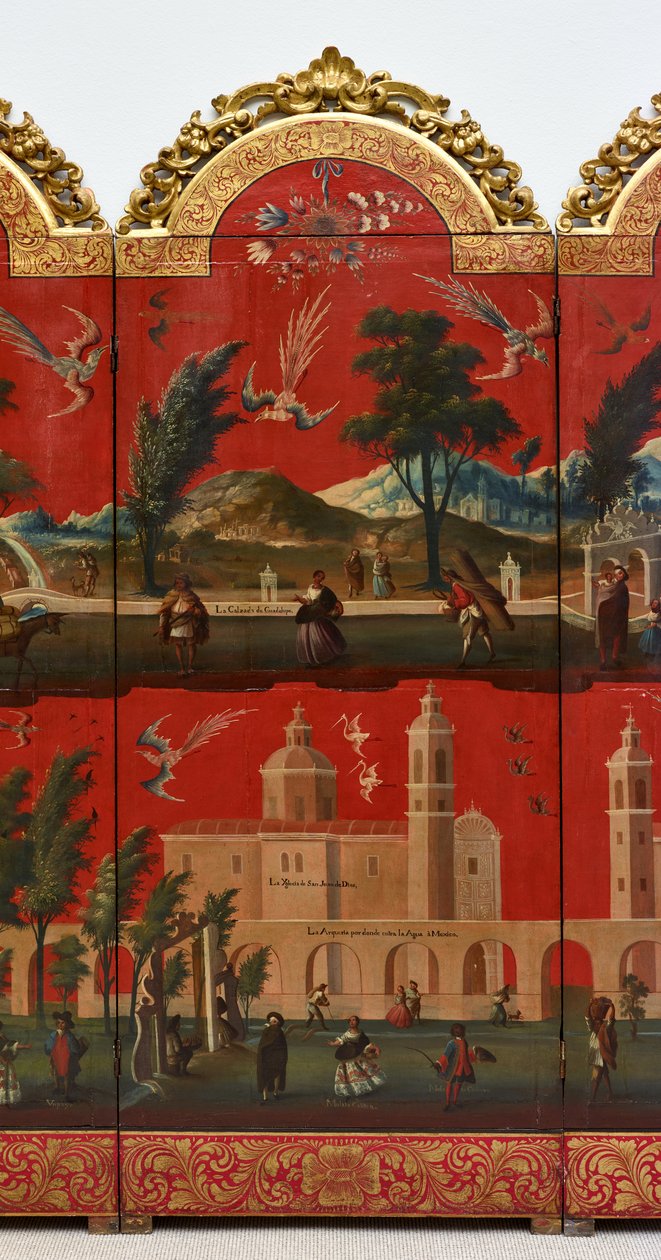 Biombo s pohledy na Mexico City (olej na červeném maki-e laku na desce, zlacené dřevěné pasparty a plátěný podklad) od Colonial Spanish