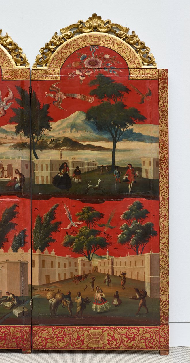Biombo s pohledy na Mexico City (olej na červeném maki-e laku na desce, zlacené dřevěné pasparty a plátěný podklad) od Colonial Spanish