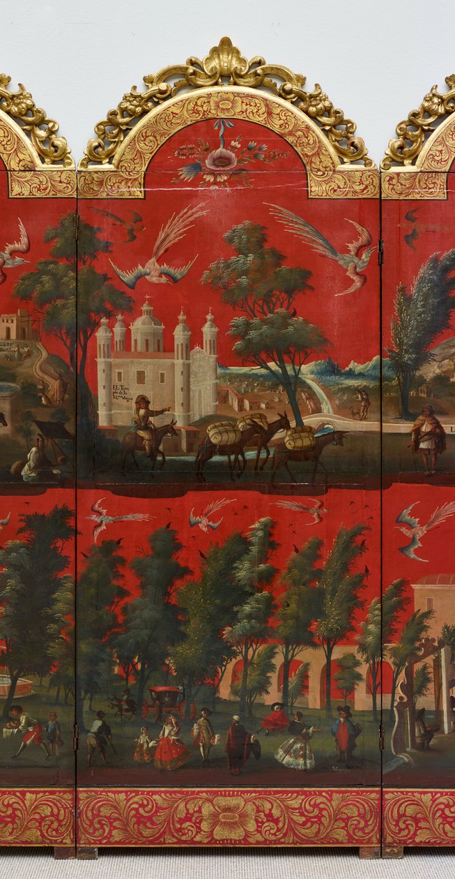 Biombo s pohledy na Mexico City (olej na červeném maki-e laku na desce, zlacené dřevěné pasparty a plátěný podklad) od Colonial Spanish