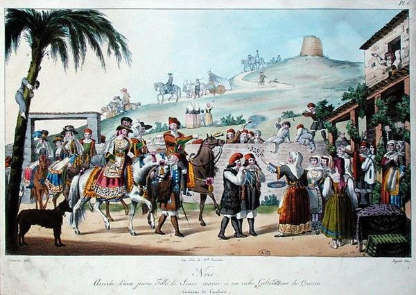 Svatební průvod v italském Cagliari, rytina Bezard 1825 (kolorovaná litografie) od Cominotti Cominotti