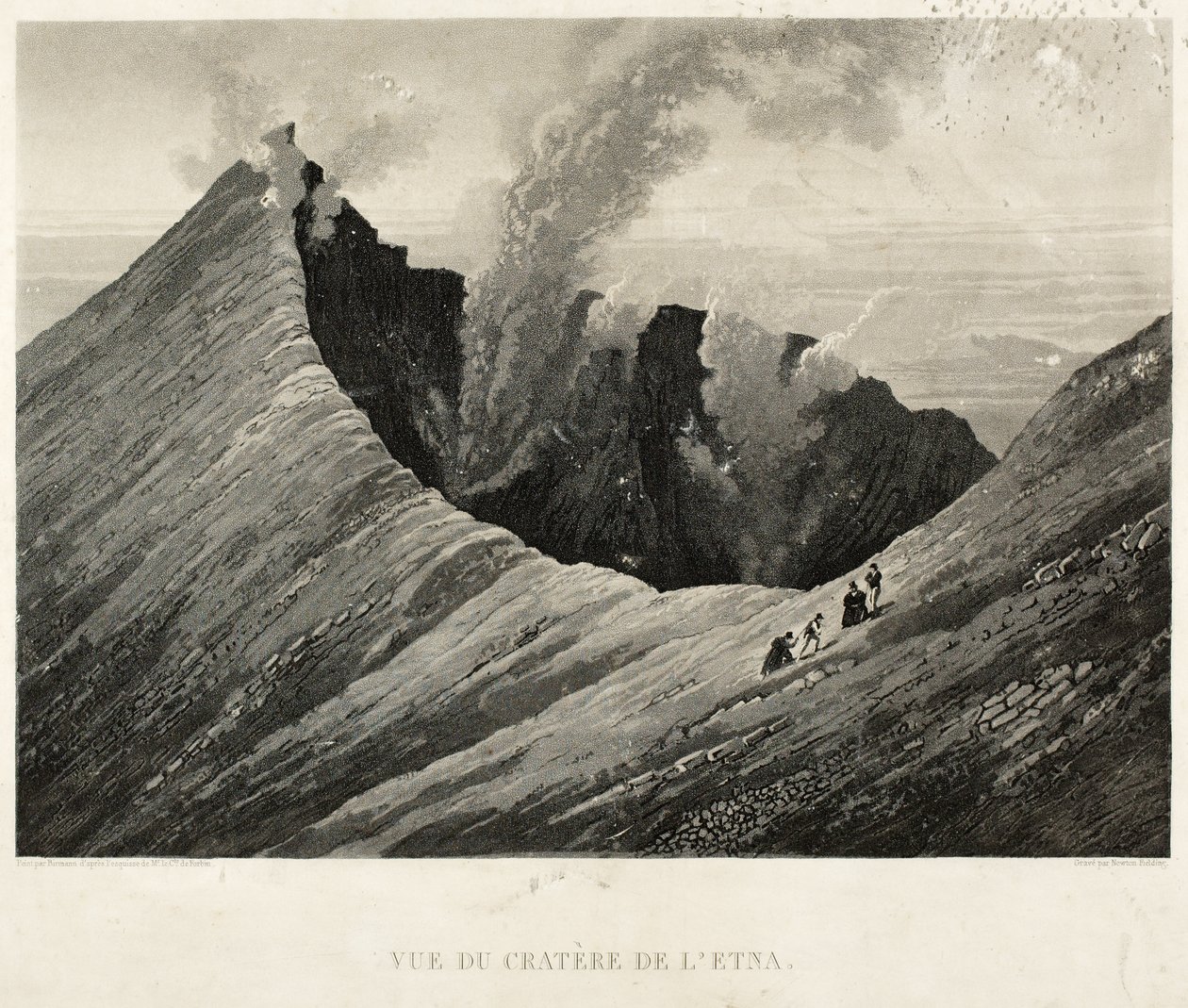 Pohled na kráter Etny, vyrytý Newtonem Fieldingem (1799-1856) (akvatinta) od Comte de Forbin