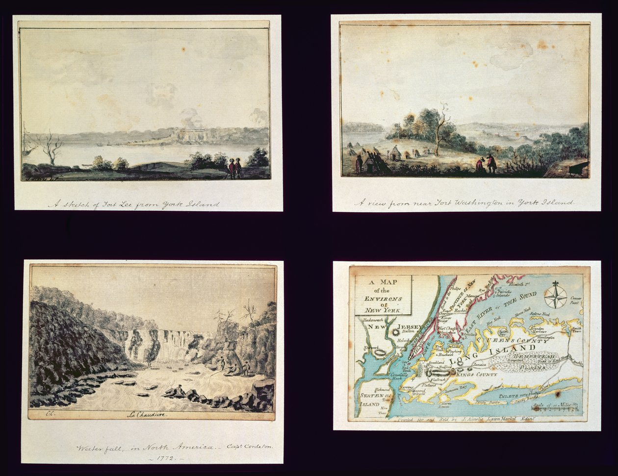 Severoamerické scény a mapa New Yorku, cca 1772 od Conleton