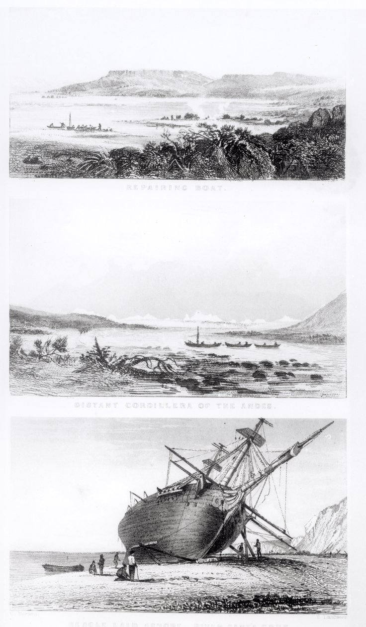 Scény opravy „Bígla“ na vzdálené kordillery And a položení na břeh na řece Santa Cruz, vyryté Thomasem Landseerem (1795-1880) od Conrad Martens
