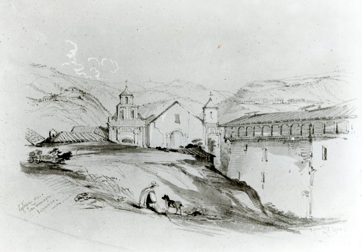 Kostel San Francisco, Valparaiso, 1834 (tužka a wc na papíře) od Conrad Martens