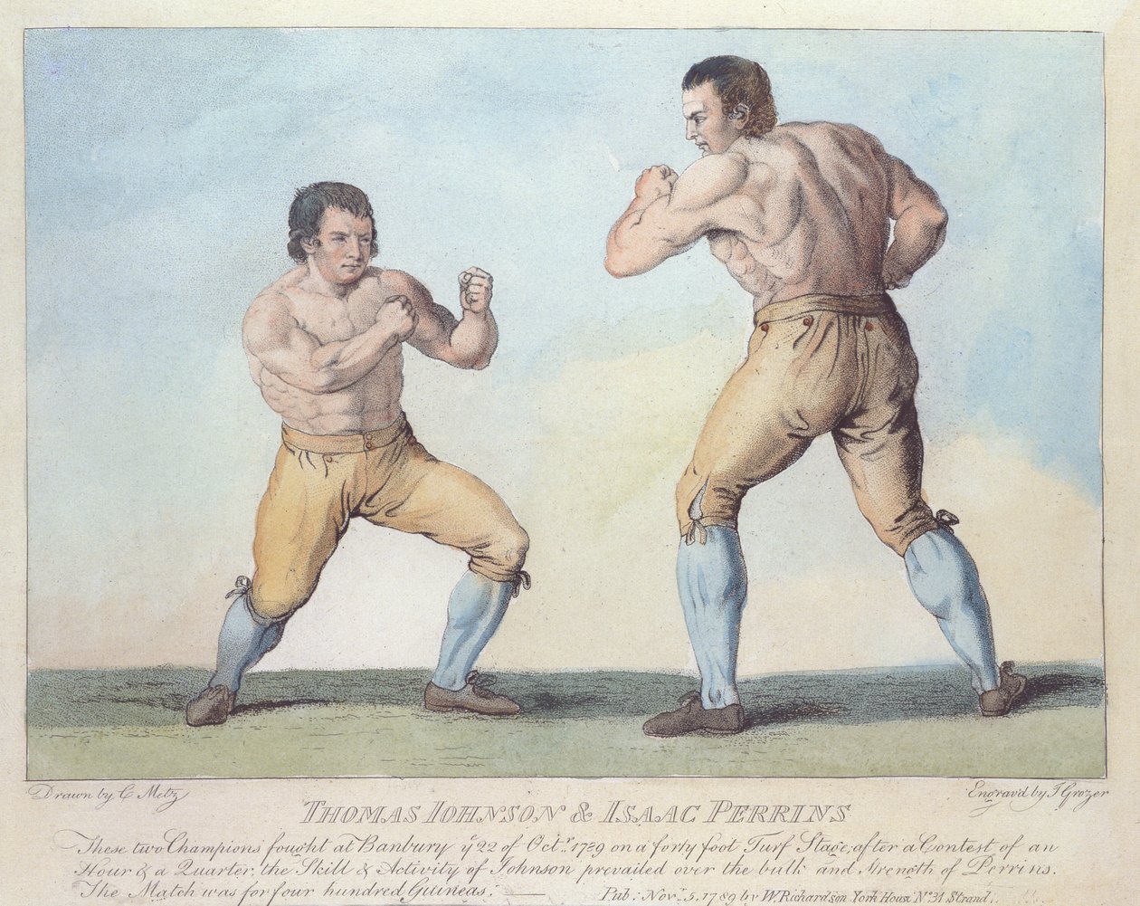 Boxerský zápas mezi Thomasem Johnsonem a Isaacem Perrinsem, vyryl T. Grozer, 1789 od Conrad Martin Metz