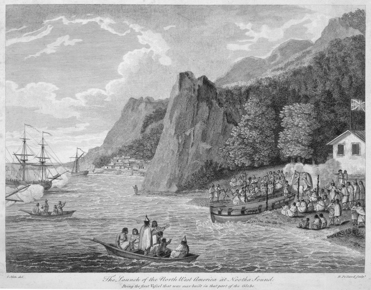 Zahájení Severozápadní Ameriky v Nootka Sound, z „Cesty uskutečněné v letech 1788 a 1789, z Číny na severozápadní pobřeží Ameriky“, kapitán John Meares (1756-1809), vyryto Robe od Conrad Martin Metz