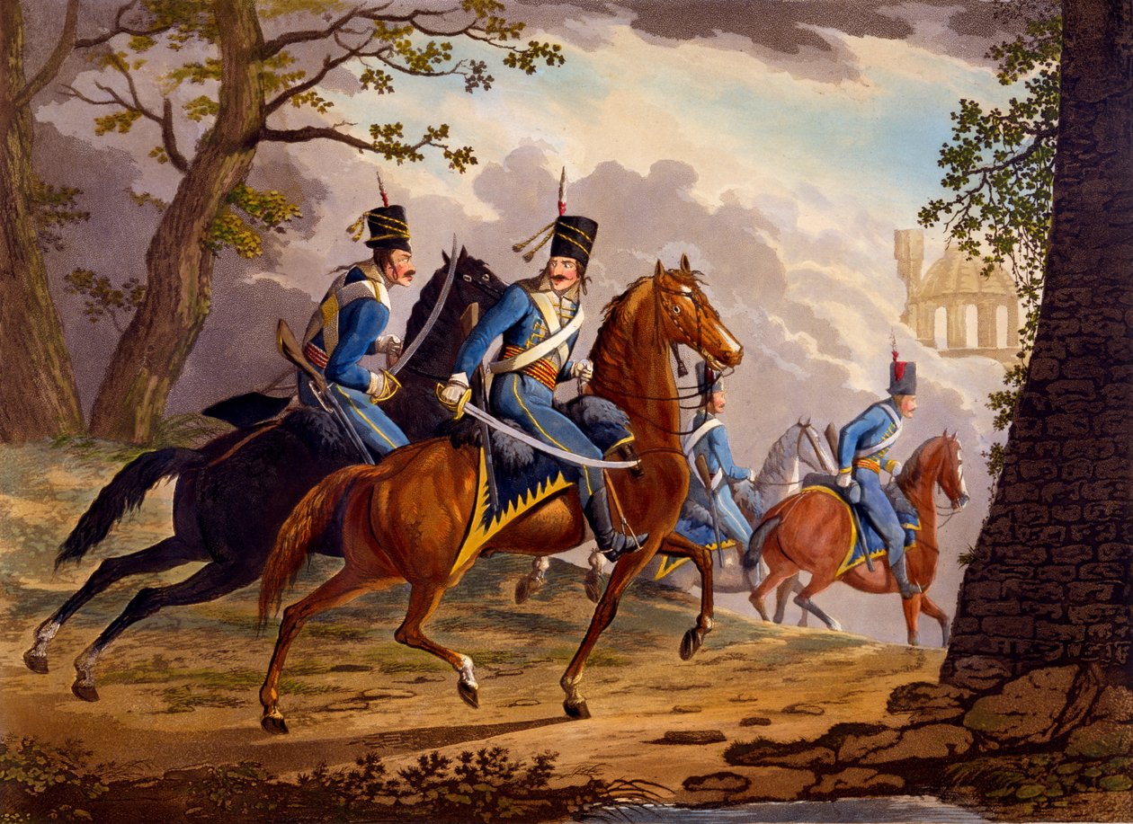 Rakouští husaři při pronásledování nepřítele, 1799 (ručně kolorovaná akvatinta) od Conrad Gessner
