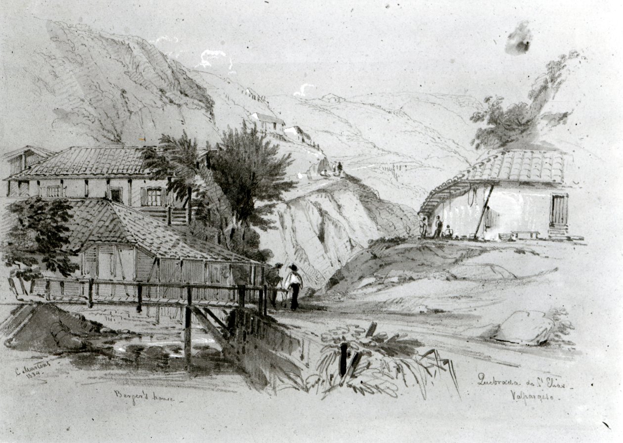 Bergerův dům, Valparaiso, 1834 (tužka a wc na papíře) (černobílá fotografie) od Conrad Martens