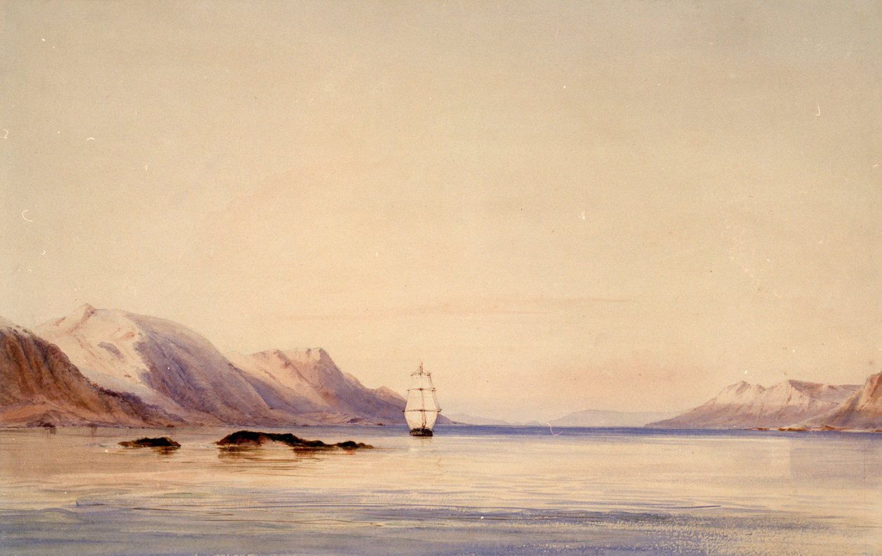 Průzkumná loď HMS "Beagle" v Beagle Channel, Tierra del Fuego od Conrad Martens