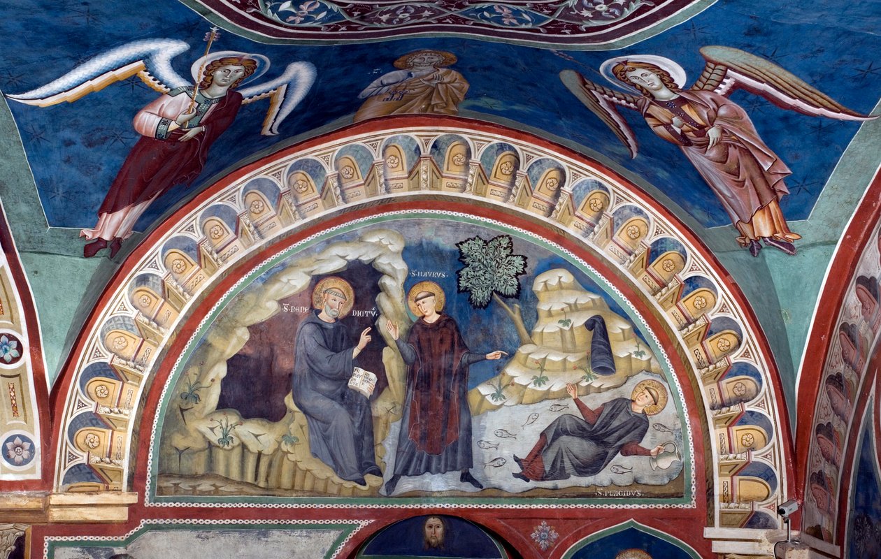 Zázrak Saint Placide Svatý Benedikt z Nursie díky zásahu svého prvního učedníka svatého Maura zachrání mladého Placida uloveného v proudu jezera. Freska od mistra Consola (13. století) Dolní kostel. Klášter svatého Benedetta ( od Consolo 